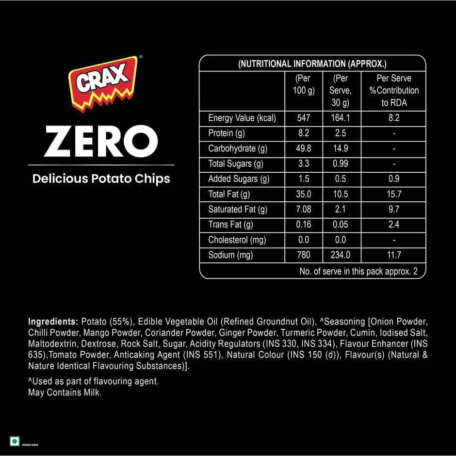 Crax Zero No Palm Oil Masala Potato Chips Snacks
