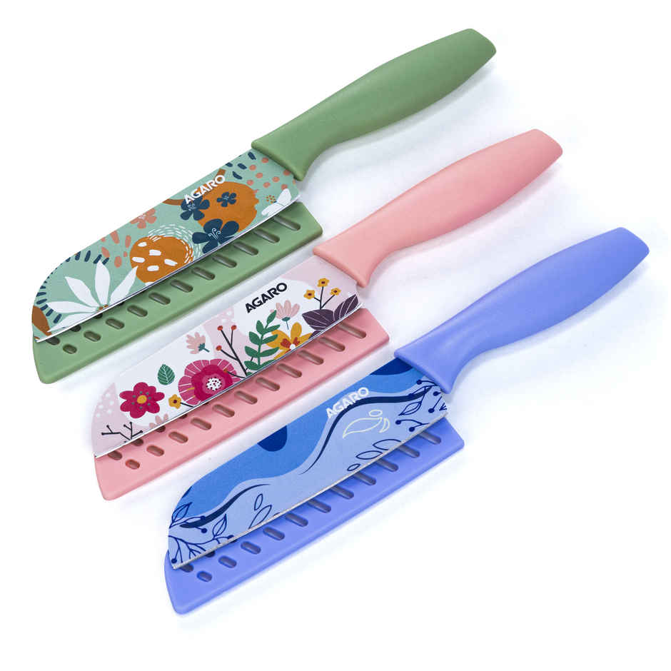 Agaro Printed Knife Set, Stainless Steel, Non-Slip Handle, Plastic Cover | Blue, Green & Pink