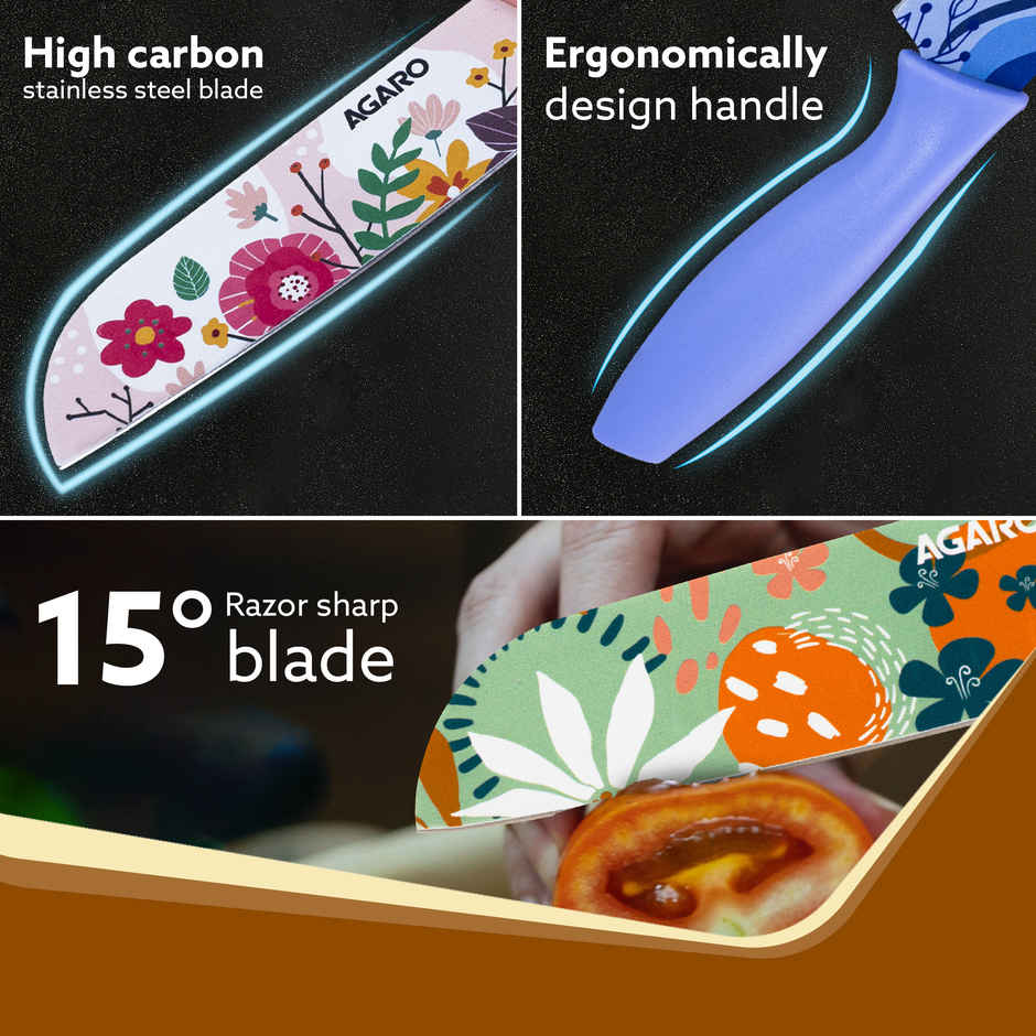 Agaro Printed Knife Set, Stainless Steel, Non-Slip Handle, Plastic Cover | Blue, Green & Pink