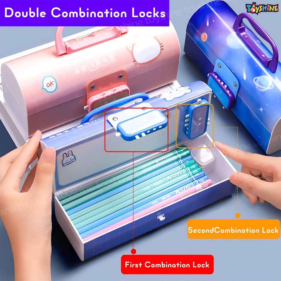 Toyshine Pencil Box with Code Lock Pen Case | Large Capacity | Multi-layer | Dino Multicolor