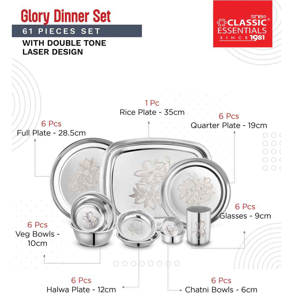 Classic Essentials Heavy Gauge Stainless Steel Permanent Laser Design Glory 61 Pieces Dinner Set