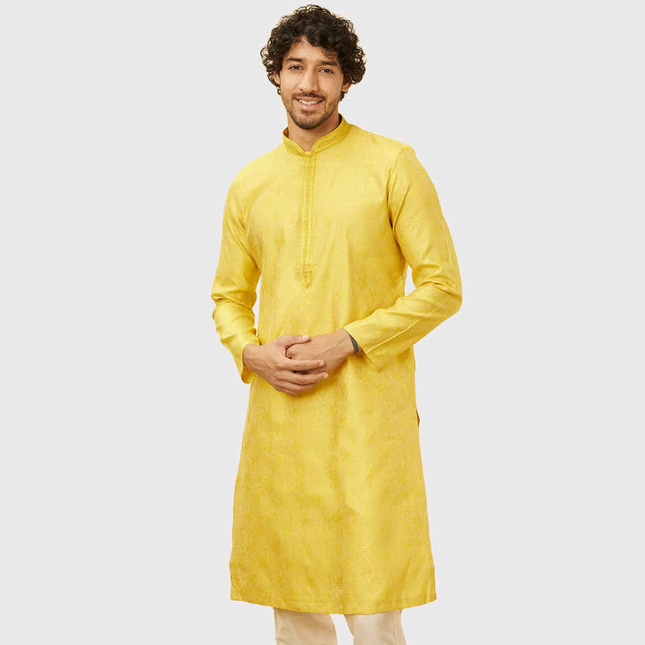 Manyavar Yellow Blended Viscose Self Design Kurta Set | XL