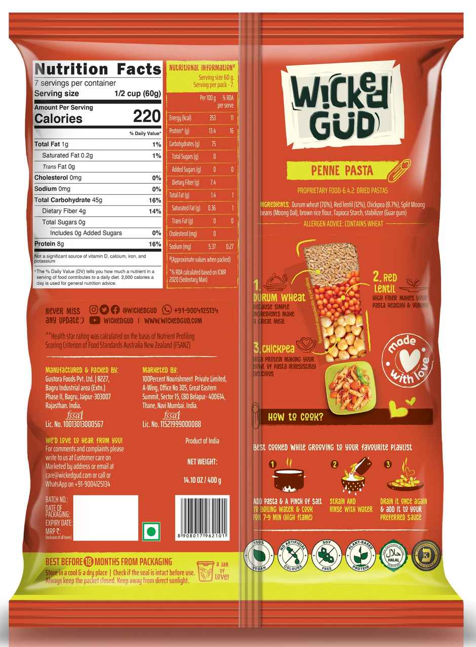 WickedGud Penne Pasta | Chickpeas | Red Lentil | Brown Rice and Durum Wheat