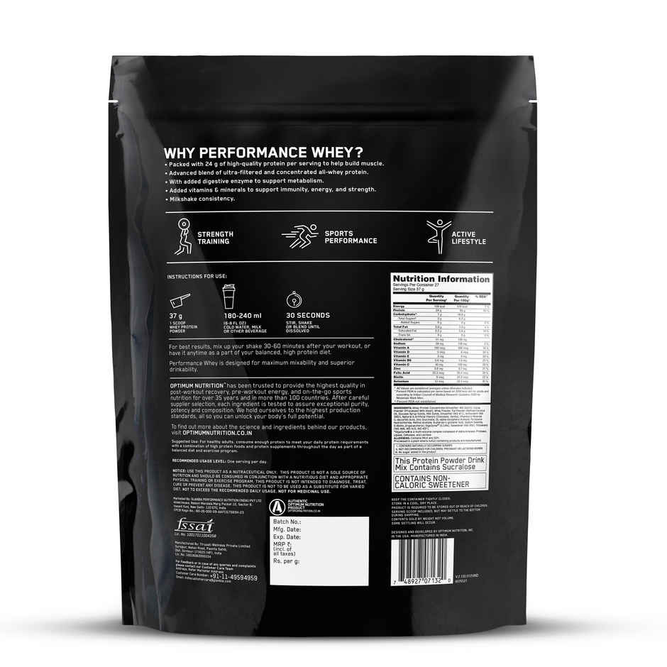Optimum Nutrition Performance Whey Protein Powder - 24g Protein | Chocolate Milkshake