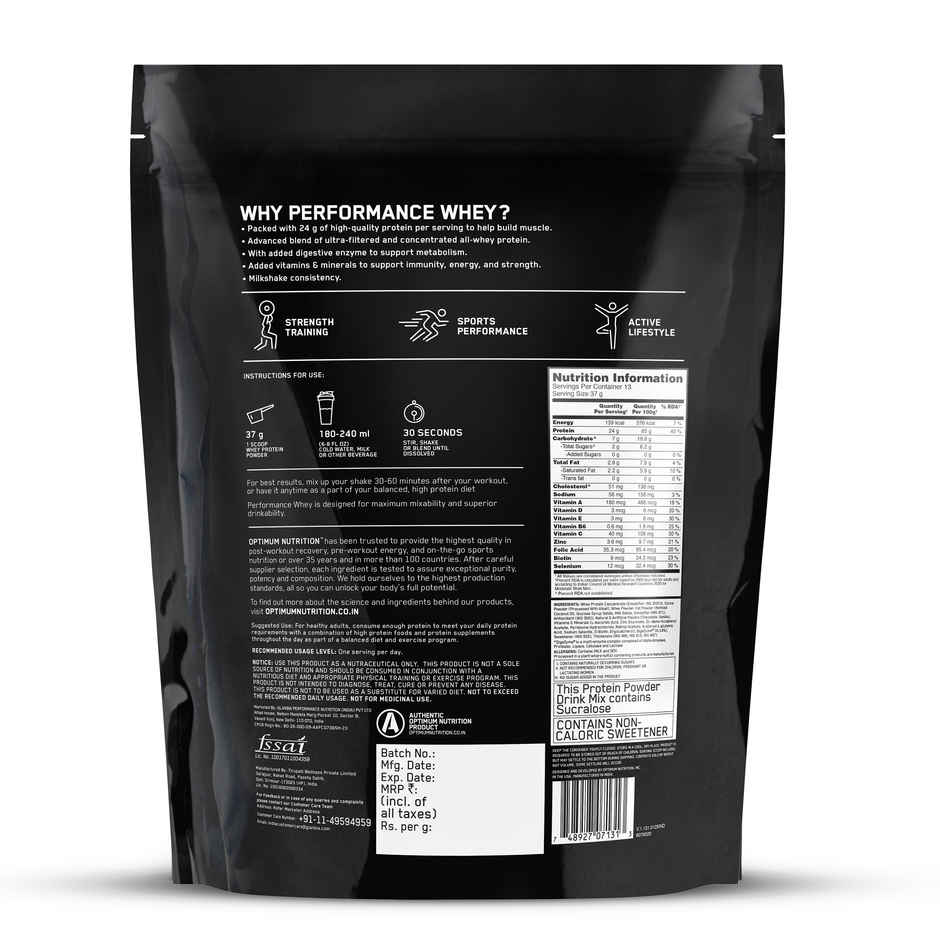 Optimum Nutrition Performance Whey Protein Powder | Chocolate Milkshake