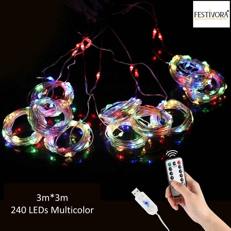 Festivora 240 LEDs Multicolor Curtain String Lights - 3x3 Ft, USB Operated Lights for decoration