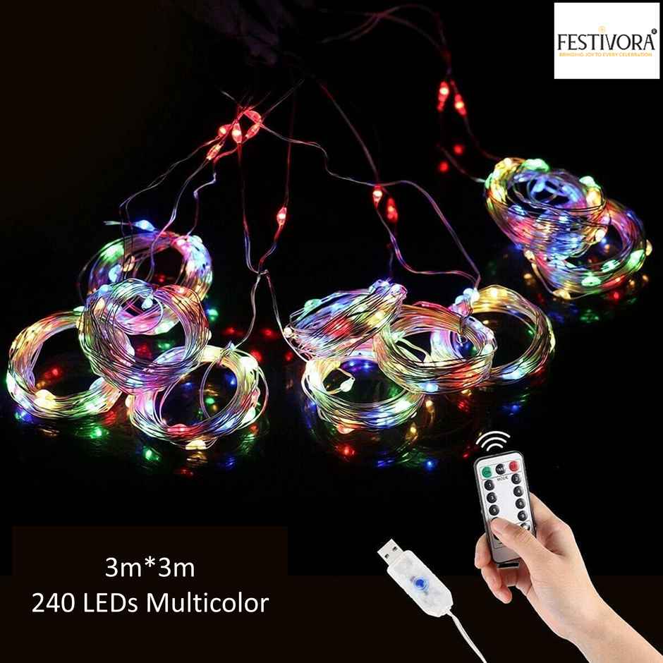 Festivora 240 LEDs Multicolor Curtain String Lights - 3x3 Ft, USB Operated Lights for decoration