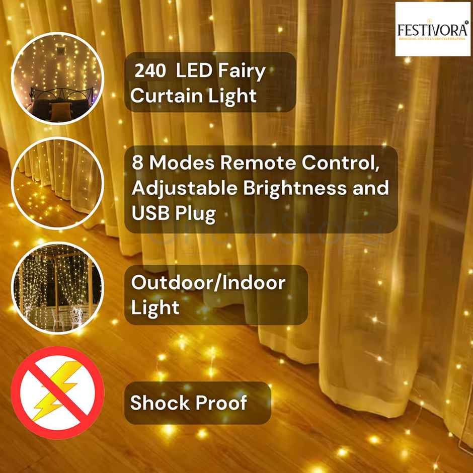 Festivora 240 LEDs Warm White Curtain String Lights - 3x3 Ft, USB Operated Lights for decoration