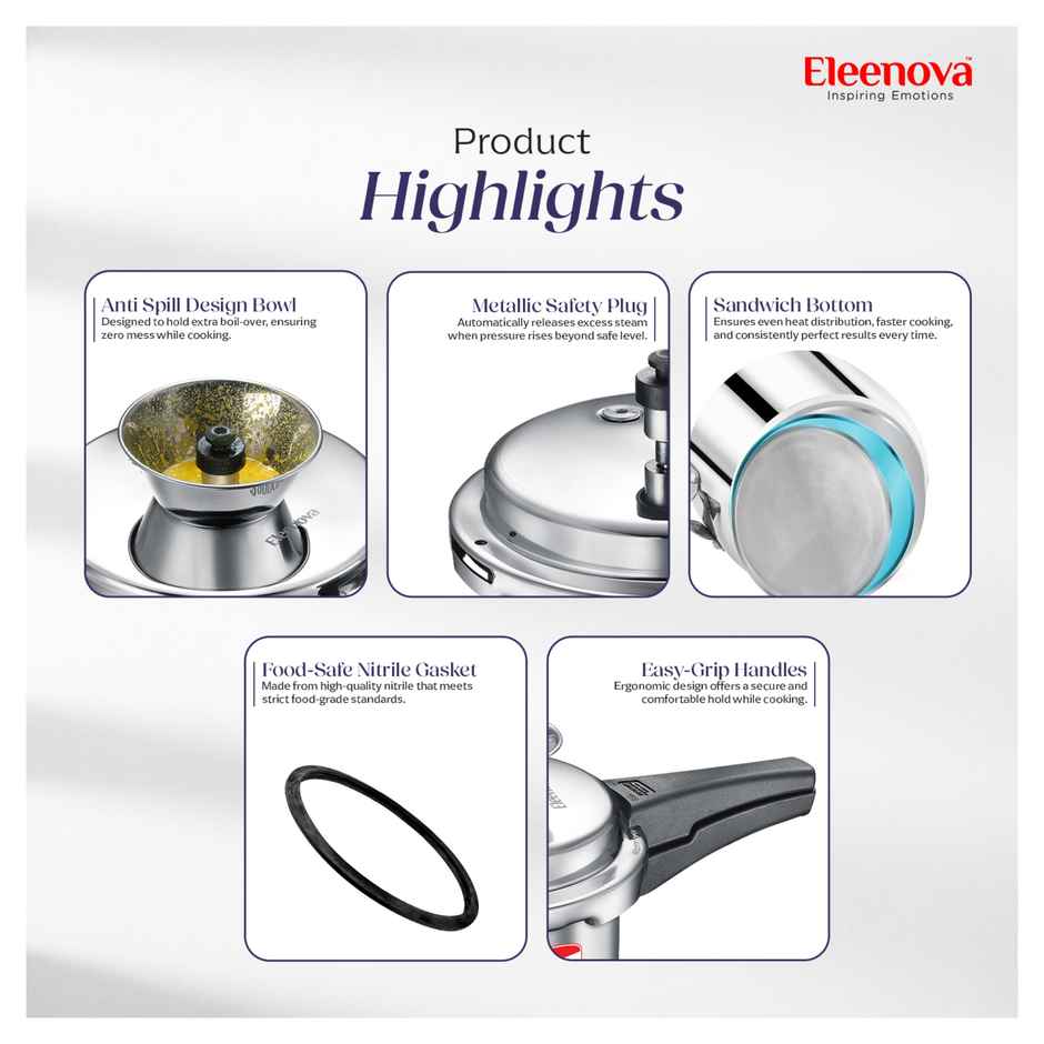 Eleenova Legacy Anti Spill Stainless steel Outer Lid Pressure Cooker with Spill Bowl | 5 L
