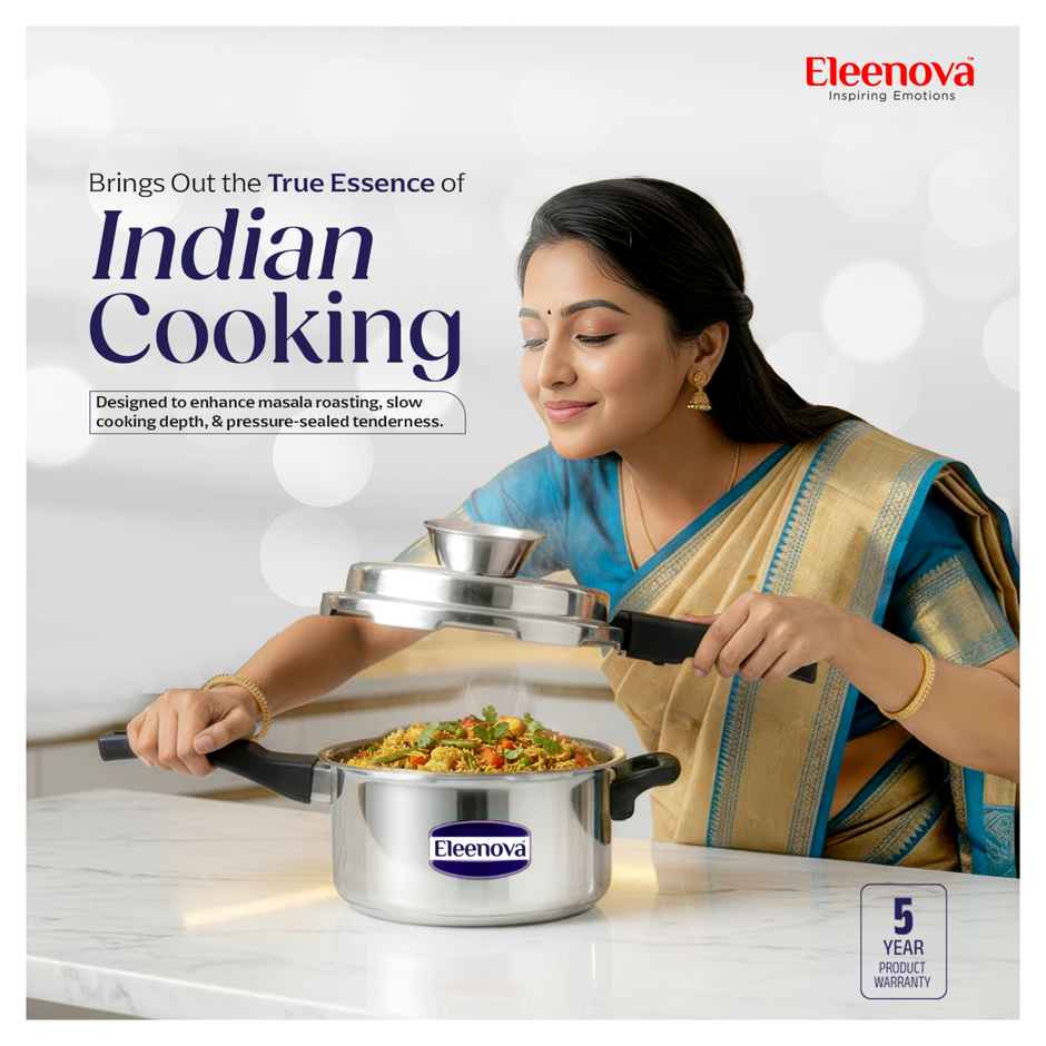 Eleenova Legacy Anti Spill Stainless steel Outer Lid Pressure Cooker with Spill Bowl | 5 L