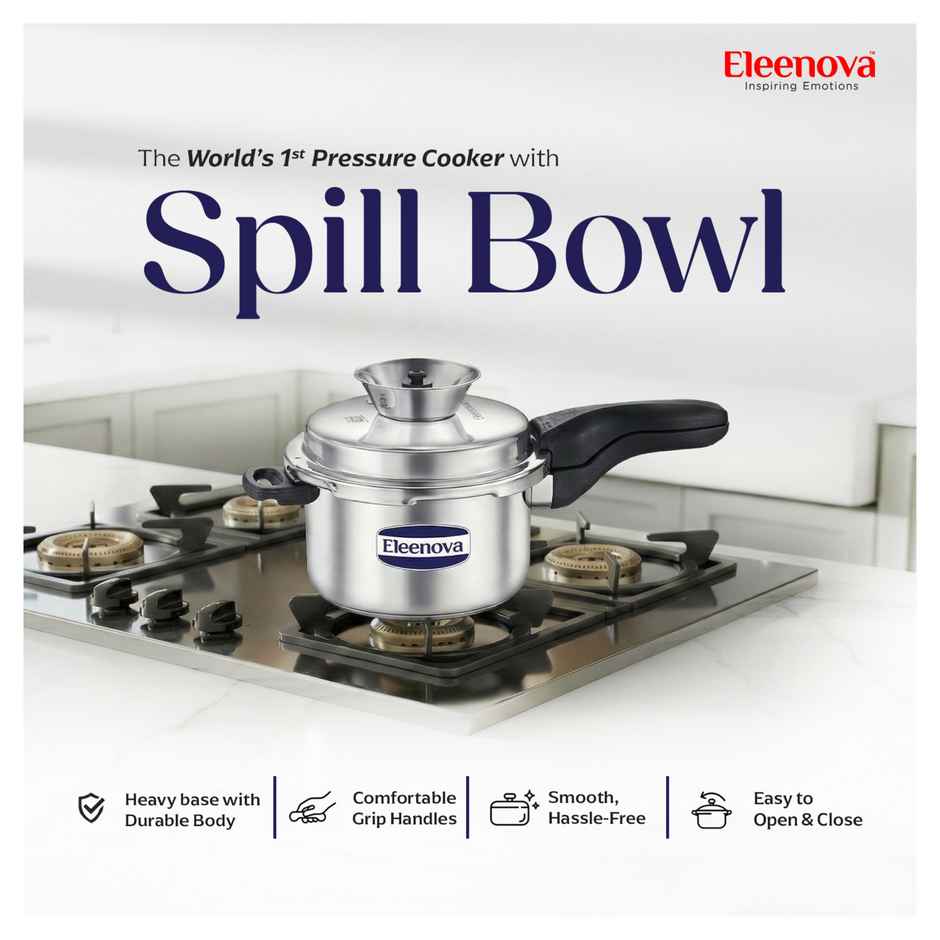 Eleenova Legacy Anti Spill Stainless steel Outer Lid Pressure Cooker with Spill Bowl | 5 L