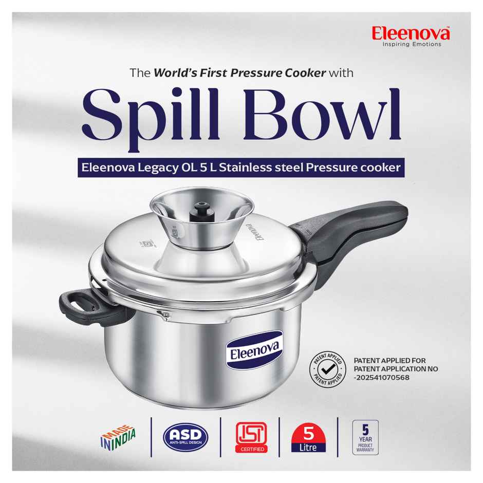 Eleenova Legacy Anti Spill Stainless steel Outer Lid Pressure Cooker with Spill Bowl | 5 L