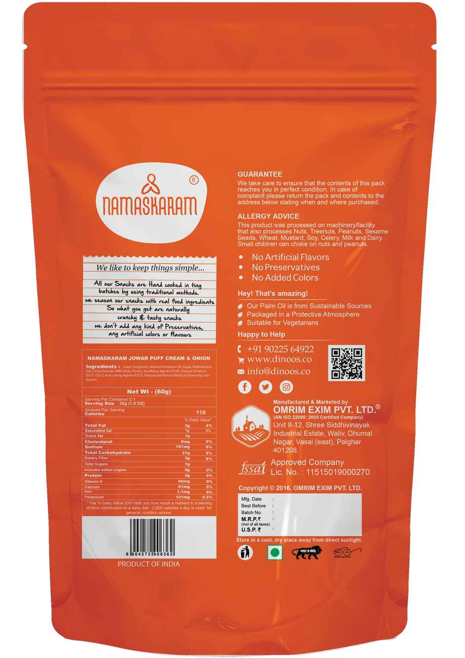 Namaskaram Jowar Puff Cream & Onion