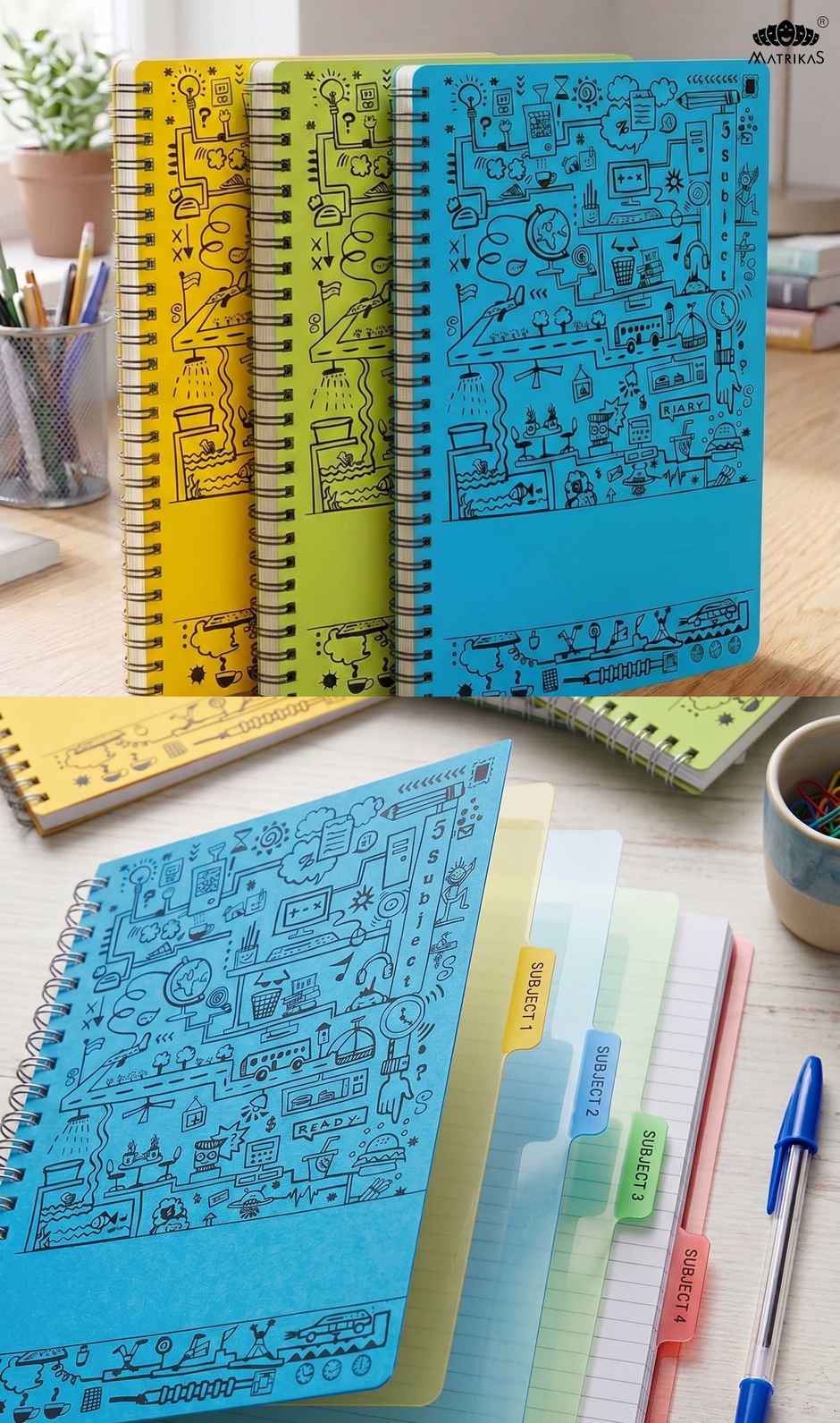 Matrikas Cubeworks NEON Spiral 5 Subject Notebook |Ruled| Wire-O-Wire| A5 Size | 300 Pages | Assorted