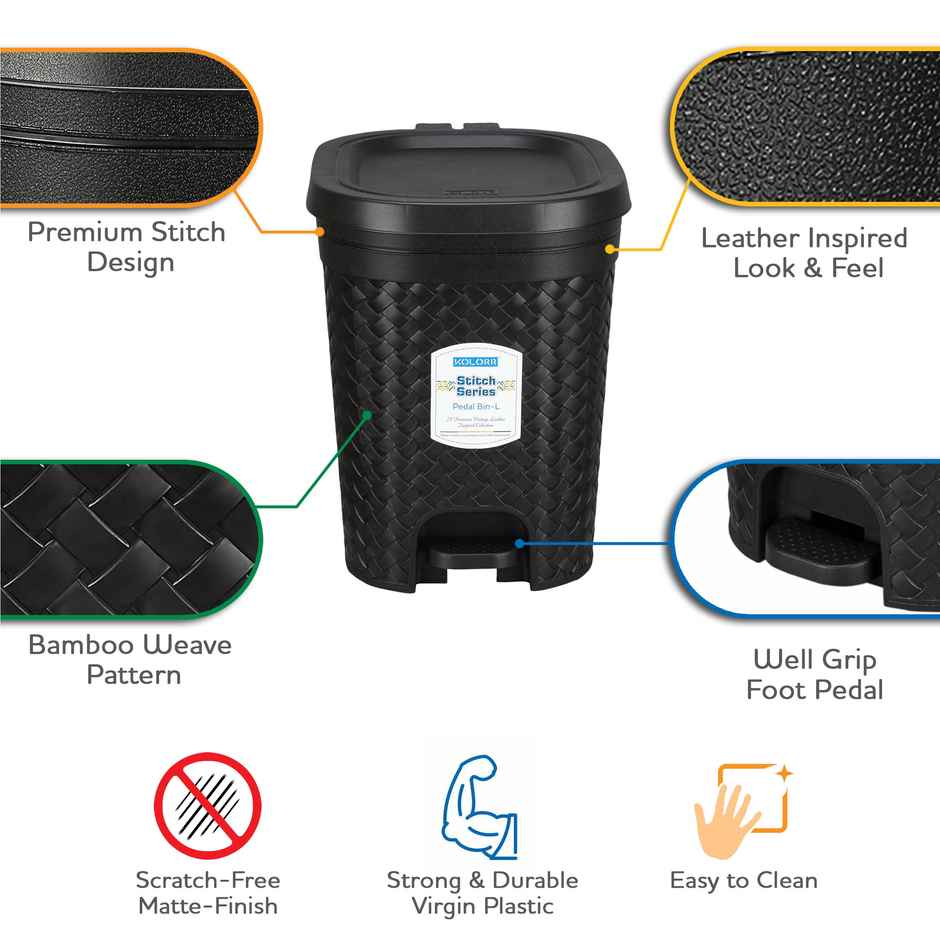 Kolorr Stitch Modern Design 15L Plastic Pedal Waste Bin (Black)
