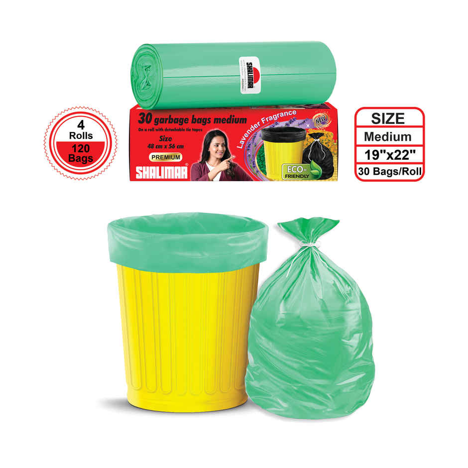 Shalimar Medium Garbage Bags 19 x 21 inch | 120 Bags (30 Bags x 4 Rolls) | Green