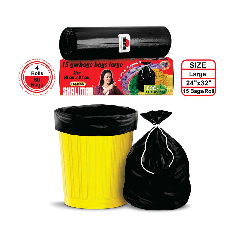 Shalimar Large Garbage Bags 24 x 32 inch | 60 Bags (15 Bags x 4 Rolls) | Black
