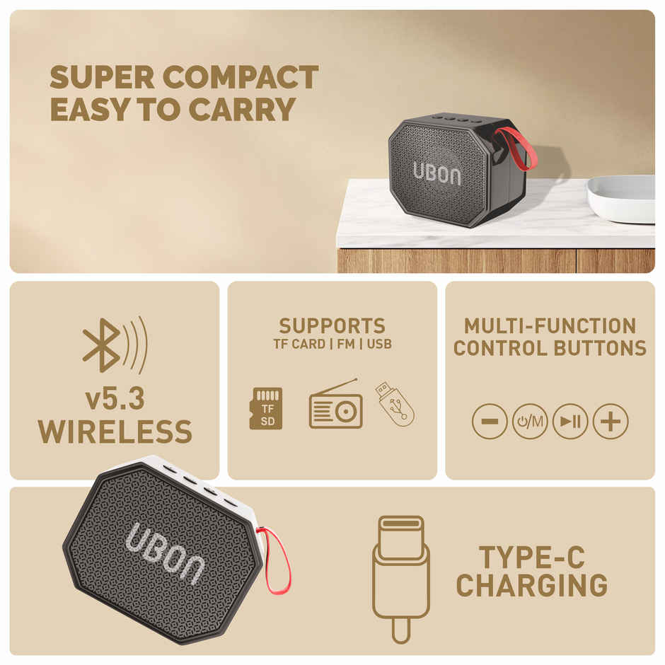 UBON Boom SP-44 10 Watt Wireless Portable Speaker | 8 Hours Long Playtime,Multi Connectivity (Black)