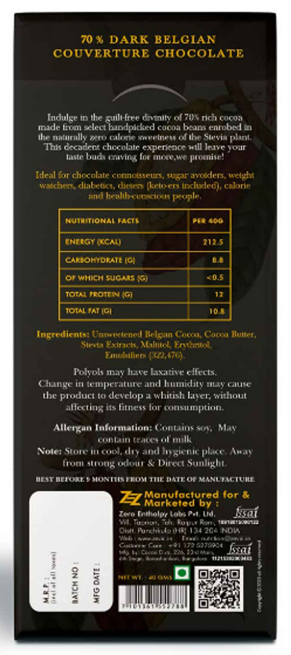 Zevic Classic Dark 70% Sugar Free Belgian Couverture Chocolate