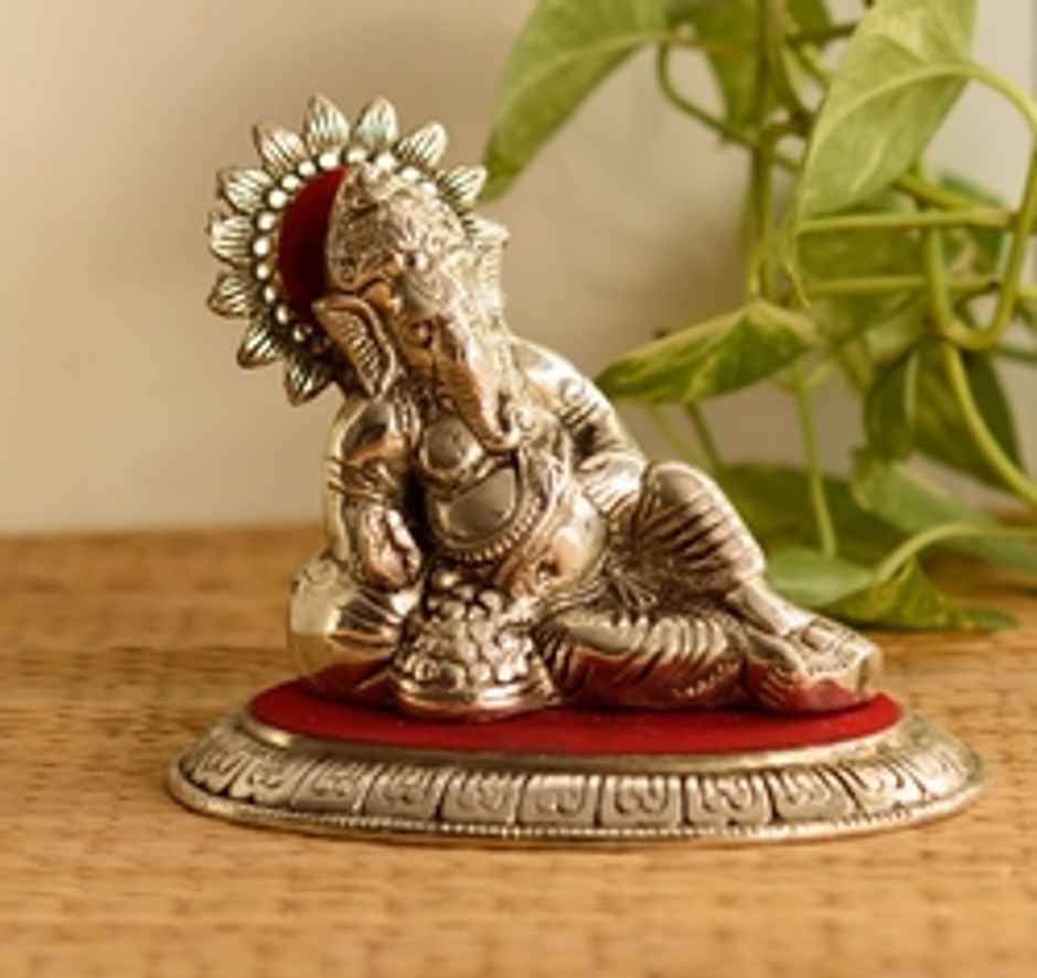 eCraftIndia Silver Metal Handcrafted Blessing Lord Ganesha Idol Sitting with Musand Pillow