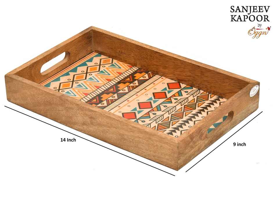 Sanjeev Kapoor by Oggn Wooden Printed Tray Yellow | 14x9 in