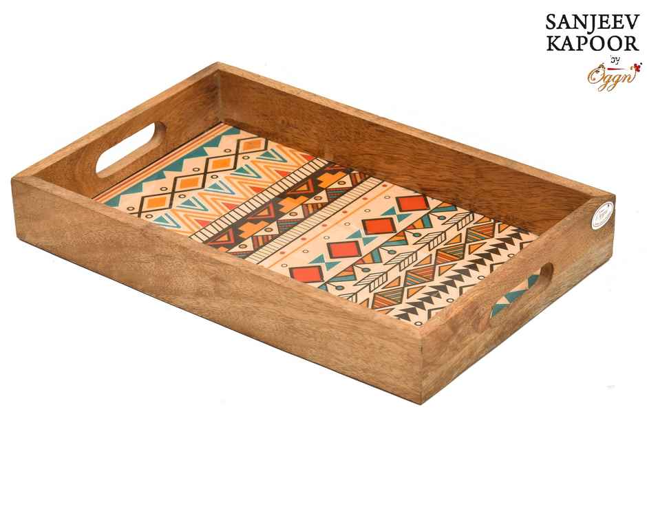 Sanjeev Kapoor by Oggn Wooden Printed Tray Yellow | 14x9 in