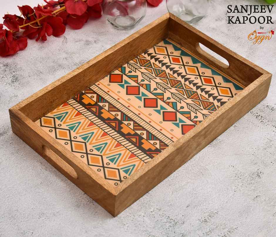 Sanjeev Kapoor by Oggn Wooden Printed Tray Yellow | 14x9 in