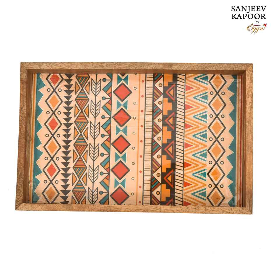 Sanjeev Kapoor by Oggn Wooden Printed Tray Yellow | 14x9 in