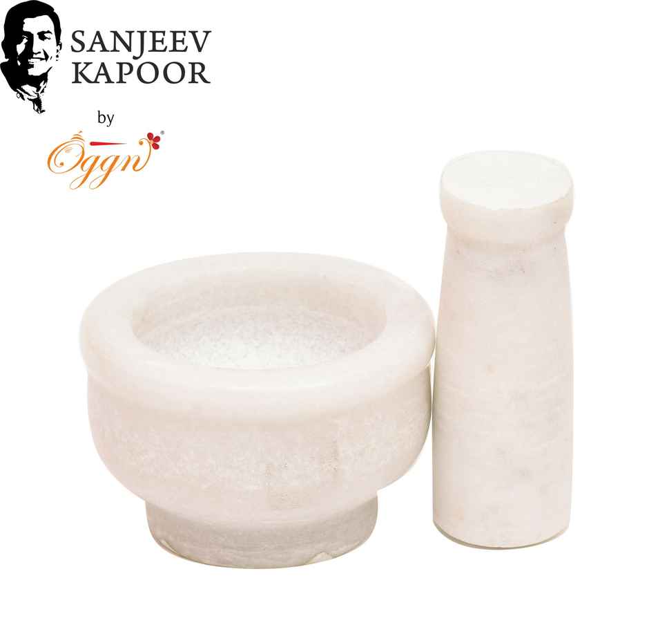 Sanjeev Kapoor by OGGN White Marble Mortar and Pestle Set, Grinding Spices, Herbs Natural - 3x2 Inch