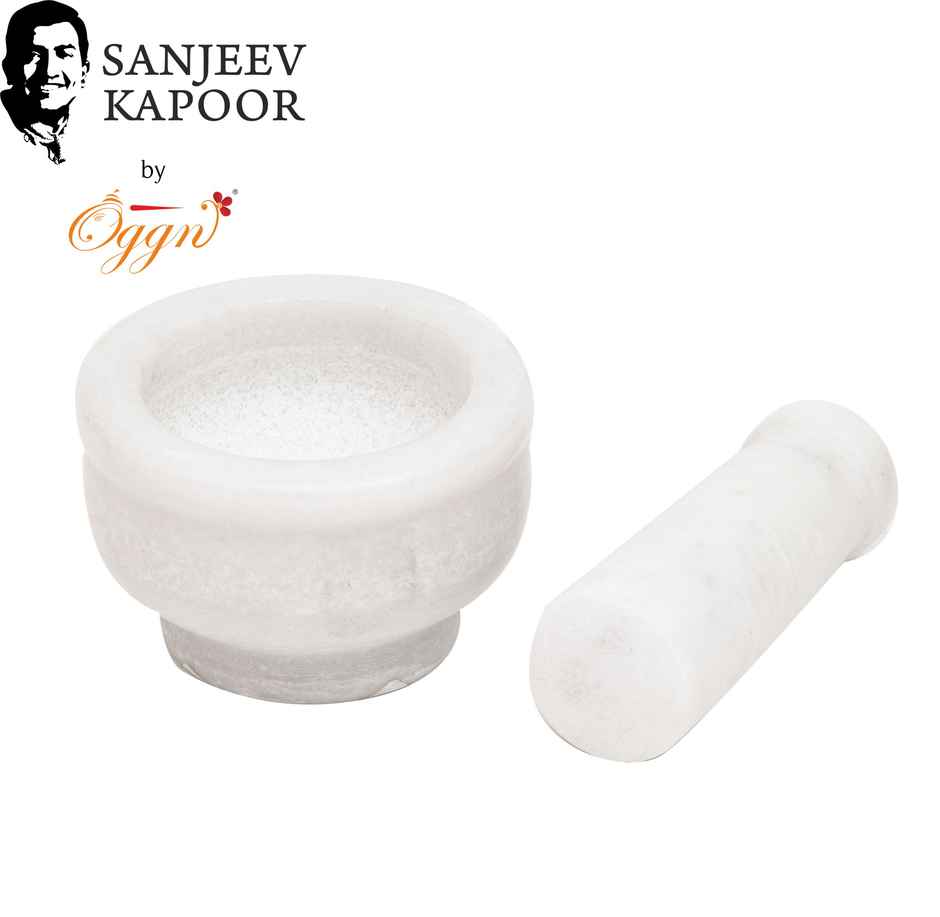Sanjeev Kapoor by OGGN White Marble Mortar and Pestle Set, Grinding Spices, Herbs Natural - 3x2 Inch