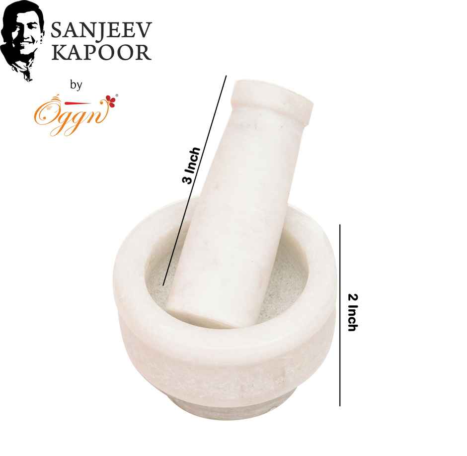 Sanjeev Kapoor by OGGN White Marble Mortar and Pestle Set, Grinding Spices, Herbs Natural - 3x2 Inch