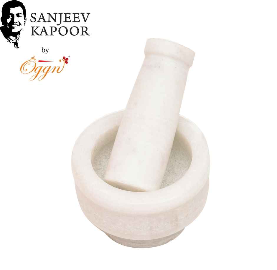 Sanjeev Kapoor by OGGN White Marble Mortar and Pestle Set, Grinding Spices, Herbs Natural - 3x2 Inch