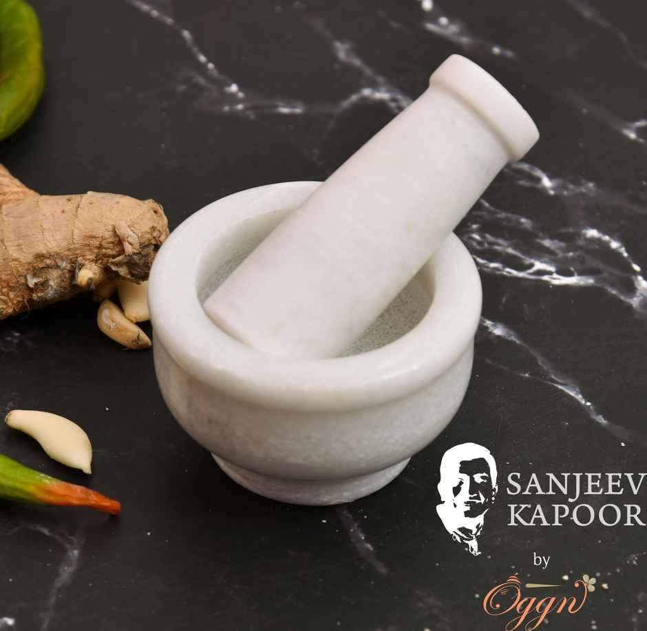 Sanjeev Kapoor by OGGN White Marble Mortar and Pestle Set, Grinding Spices, Herbs Natural - 3x2 Inch