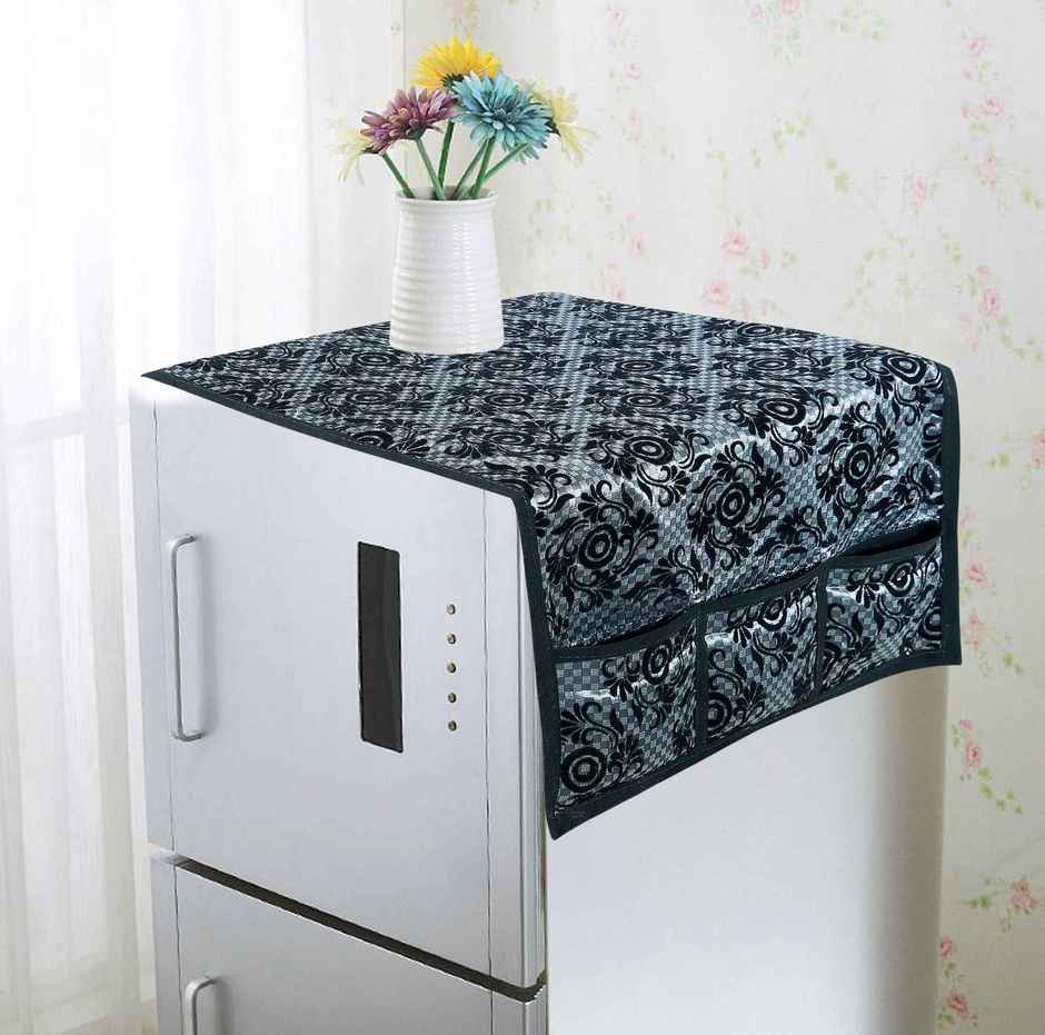 Homeharmony Black & Gray Floral Design Fridge Cover With Six Side Pockets