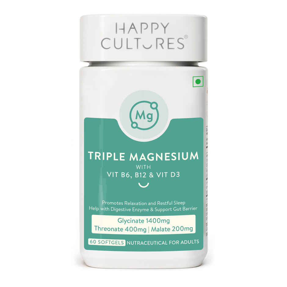 Happy Cultures 3X Magnesium Complex | 2000 Mg | 60 Softgel | Glycinate, Threonate & Malate