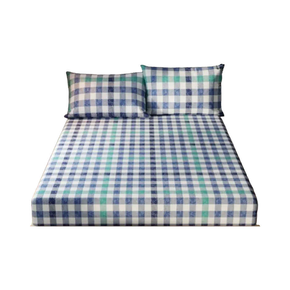 Kopa Extra Smooth Cotton Double Bedsheet With 2 Pillow Covers | Set of 3 | Lopez Checks | Blue