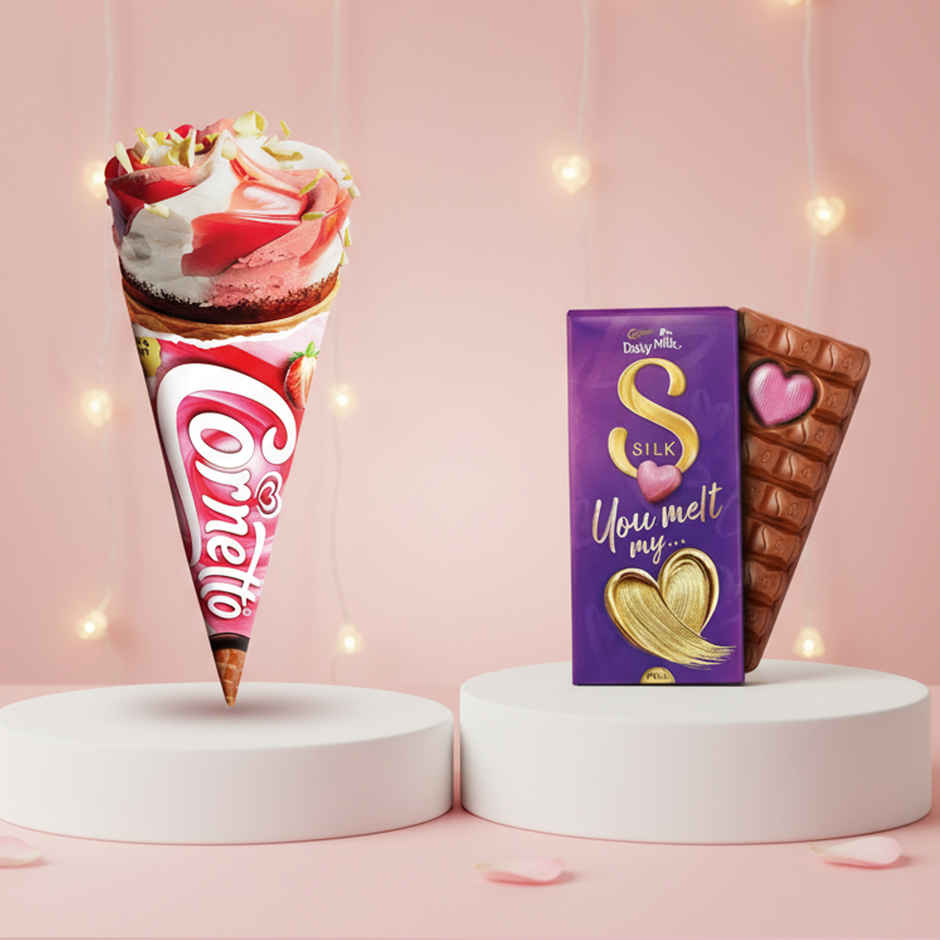 Kwality Walls Cornetto Strawberry Vanilla Cone (105ml) & Cadbury Dairy Milk Silk Valentines Heart Blush Chocolate Bar Gift Pack (250g) Combo