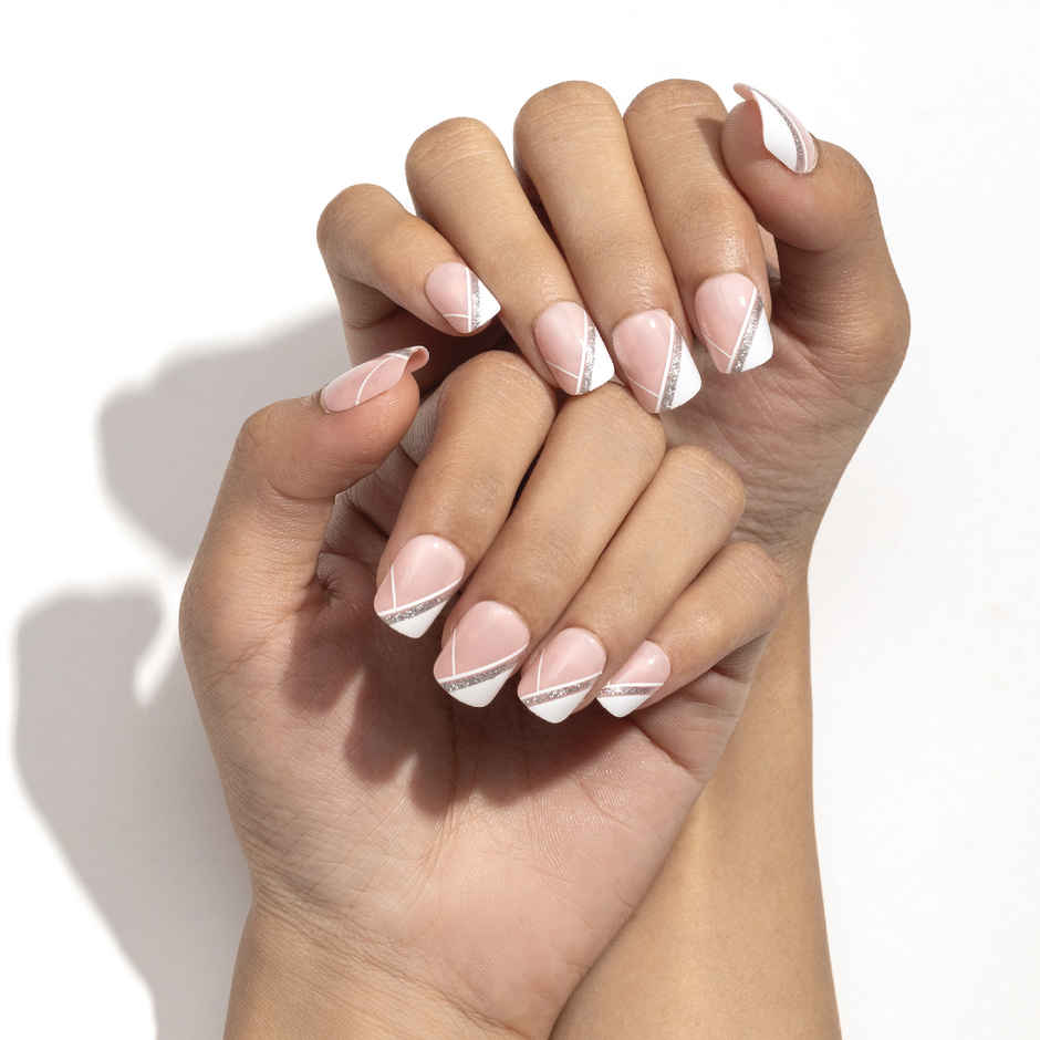 Pep Nails | Luxie Tips | Medium Square Nude French | Glossy Glitter Press On Nails | 24 Tips