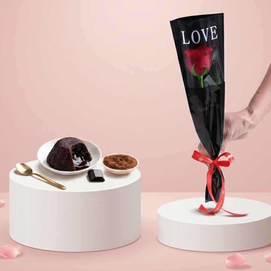Choco Lava Cake (1pc) & Floweraura Signature Red Rose In Sleeve (1pc) Combo