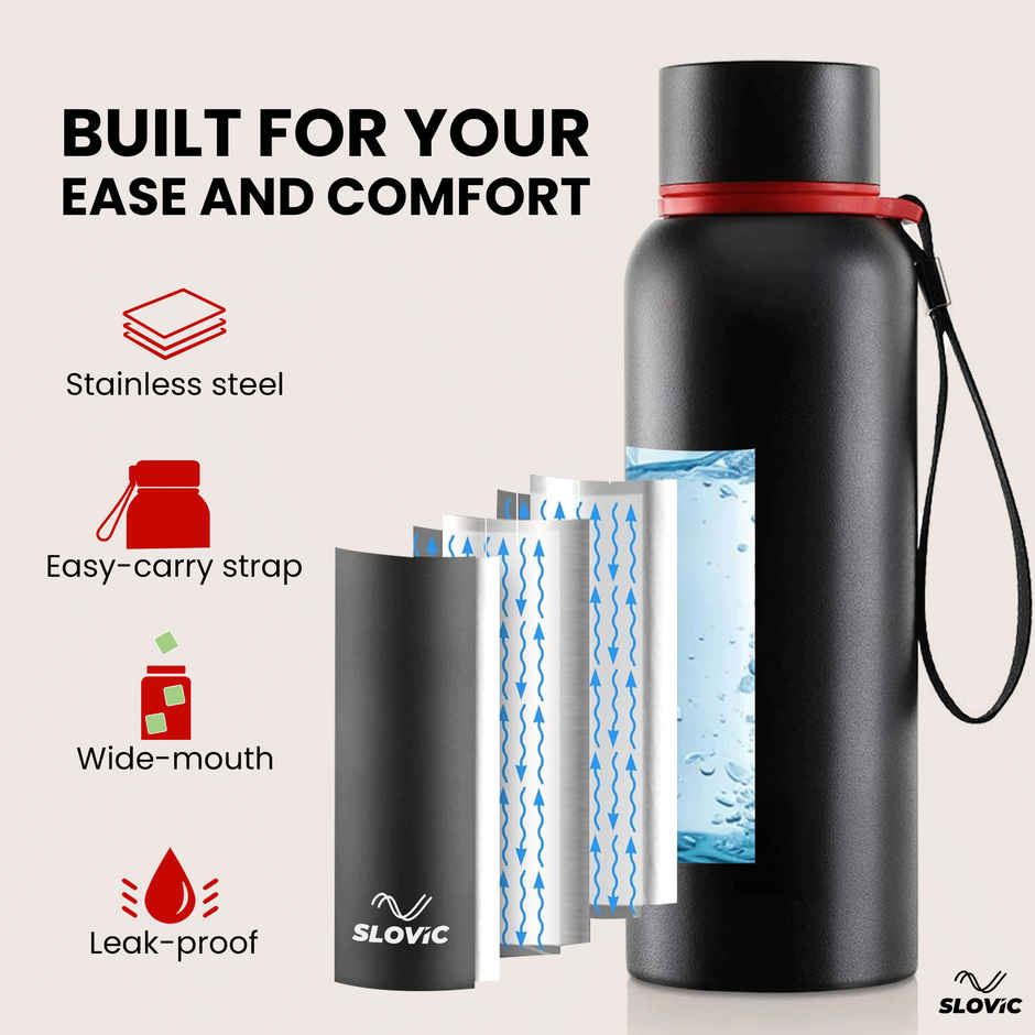 Slovic Stainless Steel Thermal Flask Bottle | Black | 750 ml