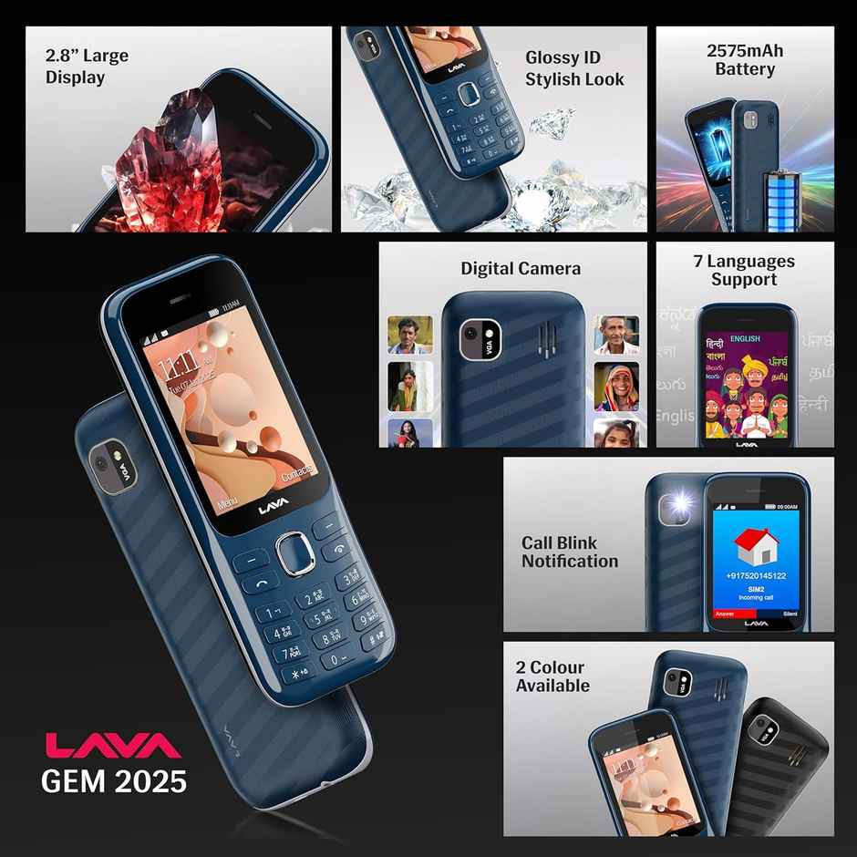 Lava Gem 2025 Dual Sim Keypad Phone (2.8" Display, Camera & Flash) | 2575mAh Smart AI | Blue Chrome