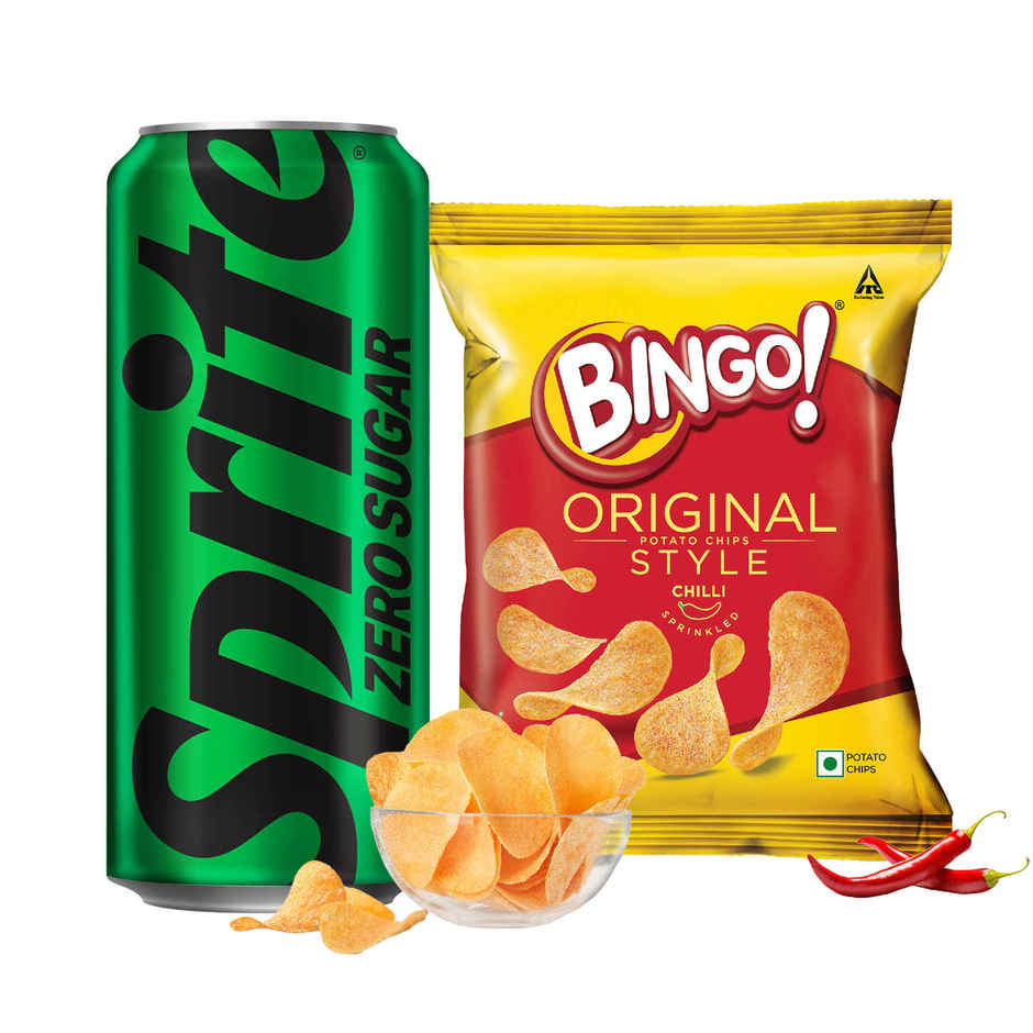 Sprite Zero Lemon Diet Soft Drink Can (300ml) & Bingo! Original Style Chilli Sprinkled - Flat Cut Spicy Potato Chips Pack For Snacks (85g) Combo