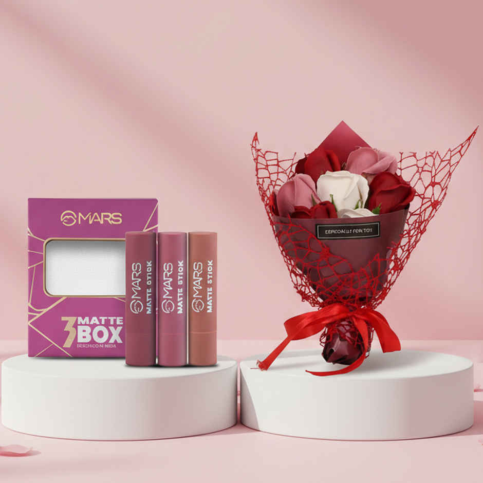 Mars Cosmetics Matte Box Set Of 3 Lipsticks For Women (3pcs) & Tied Ribbons Valentine Artificial Rose Bouquet Gift Set (1pc) Combo