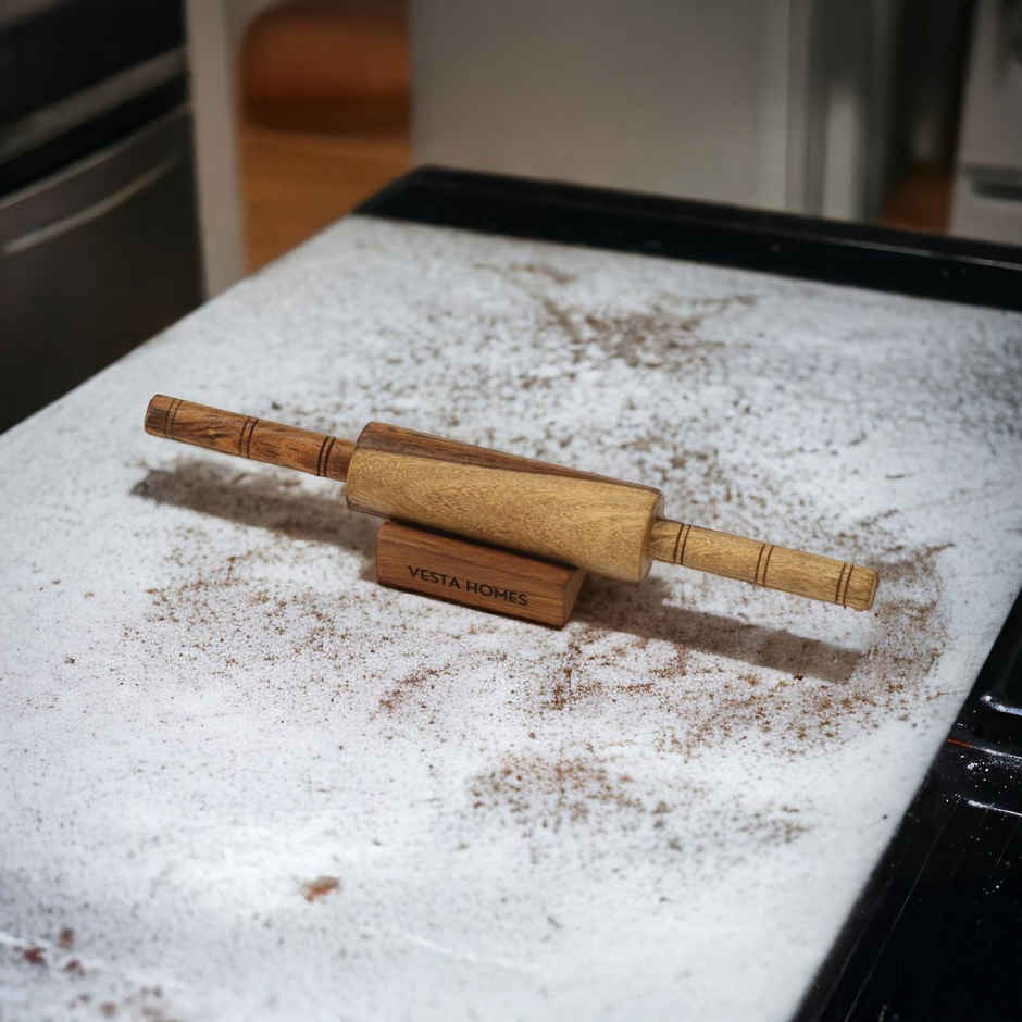 Vesta Homes Wooden Chakla Belan Set|Roti Rolling Board And Pin With Stand|9*9*1.5,13*1.75 Inches