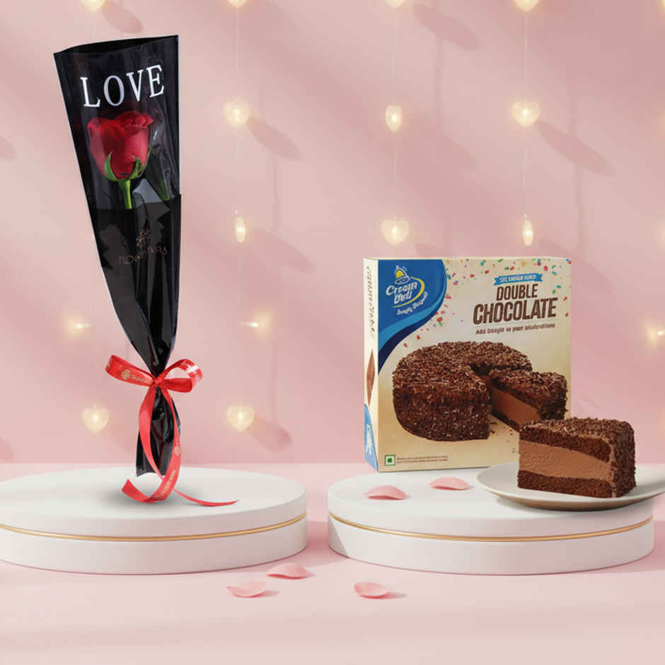 Cream Bell Double Chocolate Ice Cream Cake | Soft & Creamy (500ml) & Floweraura Signature Red Rose In Sleeve (1pc) Combo