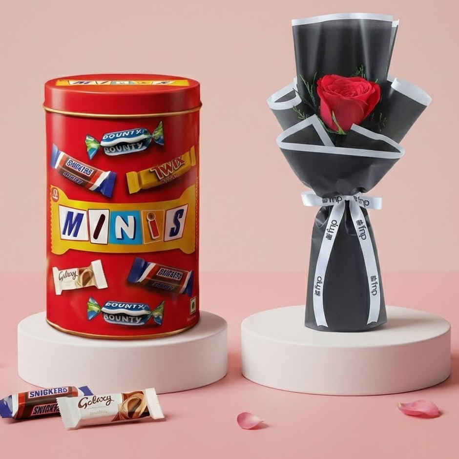 Snickers Best Of Our Minis Chocolate Gift Tin | Gifting Treat | Snickers (133g) & Fnp Single Red Rose Bouquet (1pc) Combo  