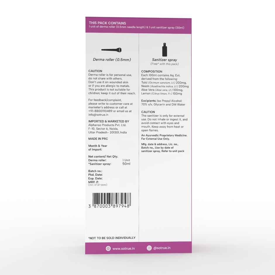 Sotrue Derma Roller 0.5 mm with 540 Stainless Steel Needles | Free Sanitizer 50ml