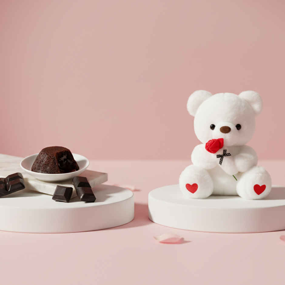 Choco Lava Cake (1pc) & Fablue Cute Teddy Bear With Sweet Rose Plush Toy (1pc) Combo