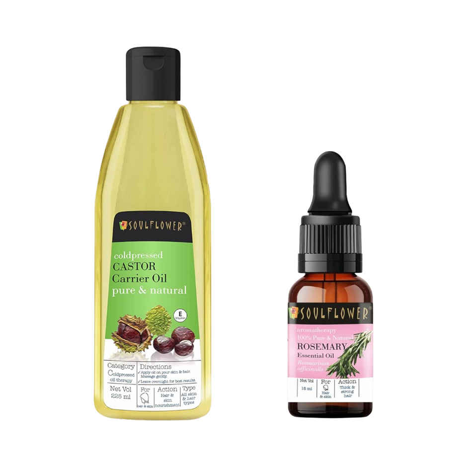 Soulflower Coldpressed Castor Oil For Hair & Skin(225ml) & Soulflower Rosemary Essential Oil(15ml) Combo