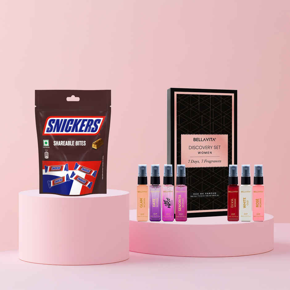 Snickers Shareable Bites Chocolate Pack Loaded With Peanuts Nougat & Caramel(120gms) & Bella Vita Luxury Edp Discovery Gift Set For Women(56ml) Combo